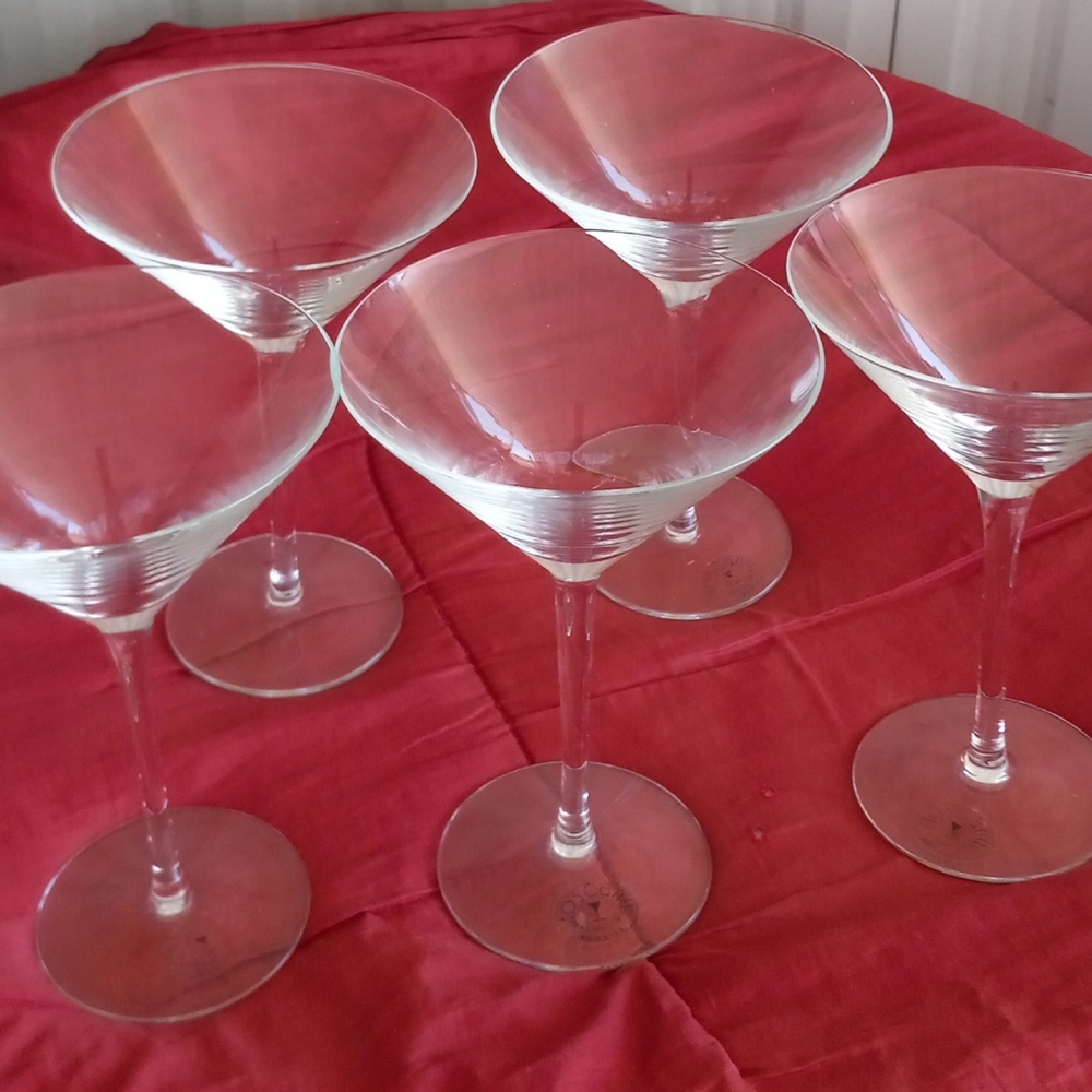 Martini Glasses 7" Set Of Five Tuscany Hand Blown Romania Mid-Century